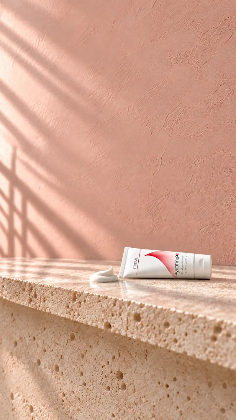 The PyratineXR Crème tube lying on the stone shelf beside a swirl of crème