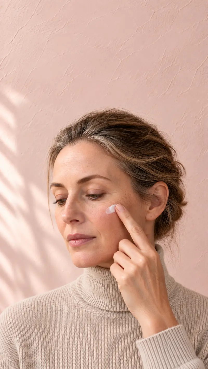 A woman pressing a dab of crème onto her cheekbone